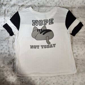 Electric Pink Black and White Graphic V Neck Cute Kitty Nope Not Today Top - M